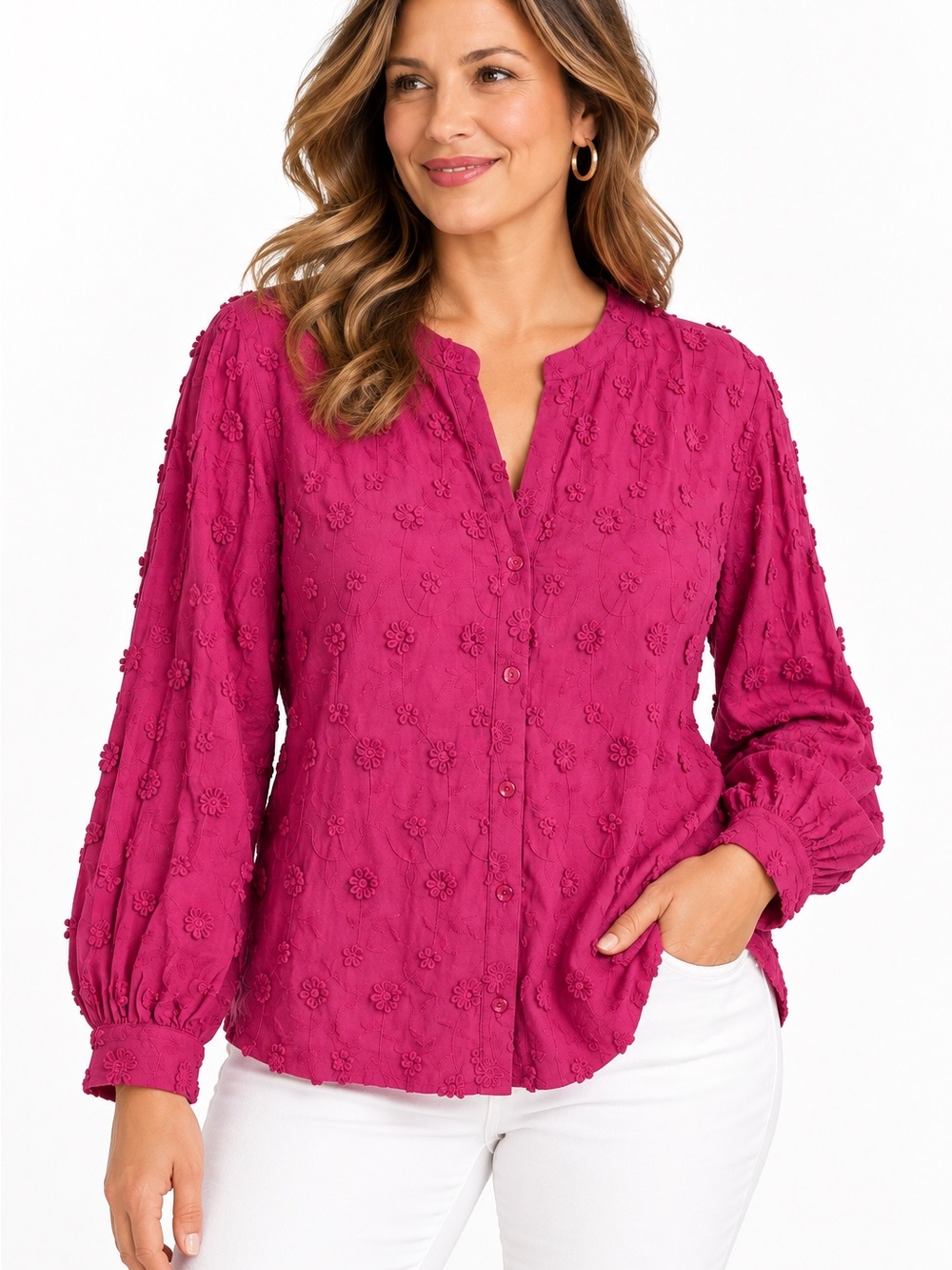 Soft Surroundings Embroidered Floral Peasant Top Womens L Pink Cotton Boho Chic